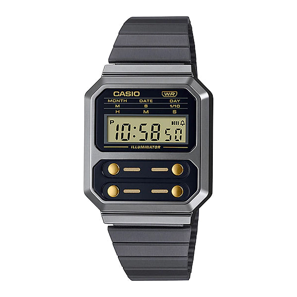 Casio Vintage Style Digital Grey Ion Plated Stainless Steel Band Watch A100WEGG-1A2
