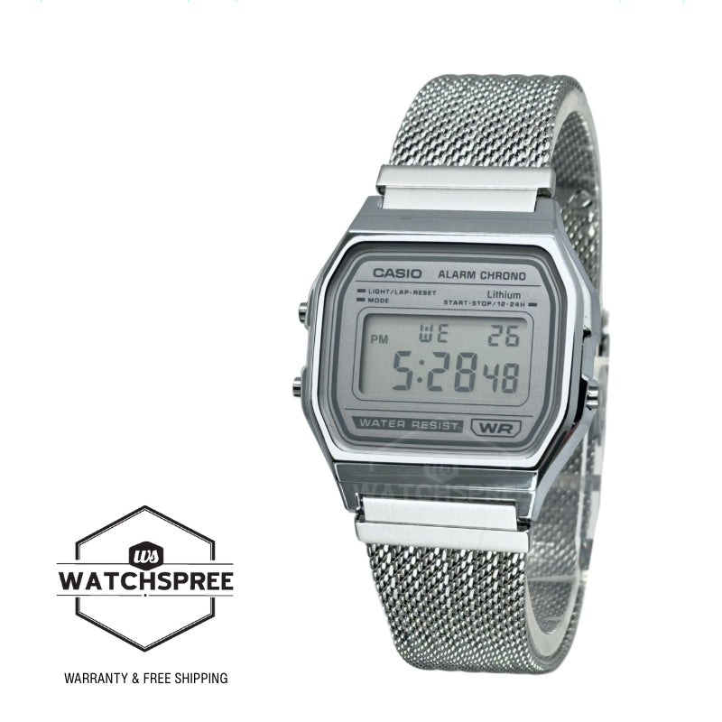 Casio Digital Vintage Style Stainless Steel Mesh Band Watch A158WEM-7D A158WEM-7