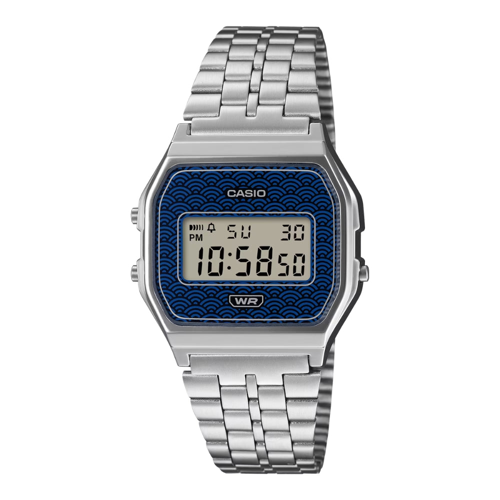 Casio (Japan Made) Digital Vintage Style Seigaiha Pattern Stainless Steel Band Watch A159WEVJ-2D A159WEVJ-2
