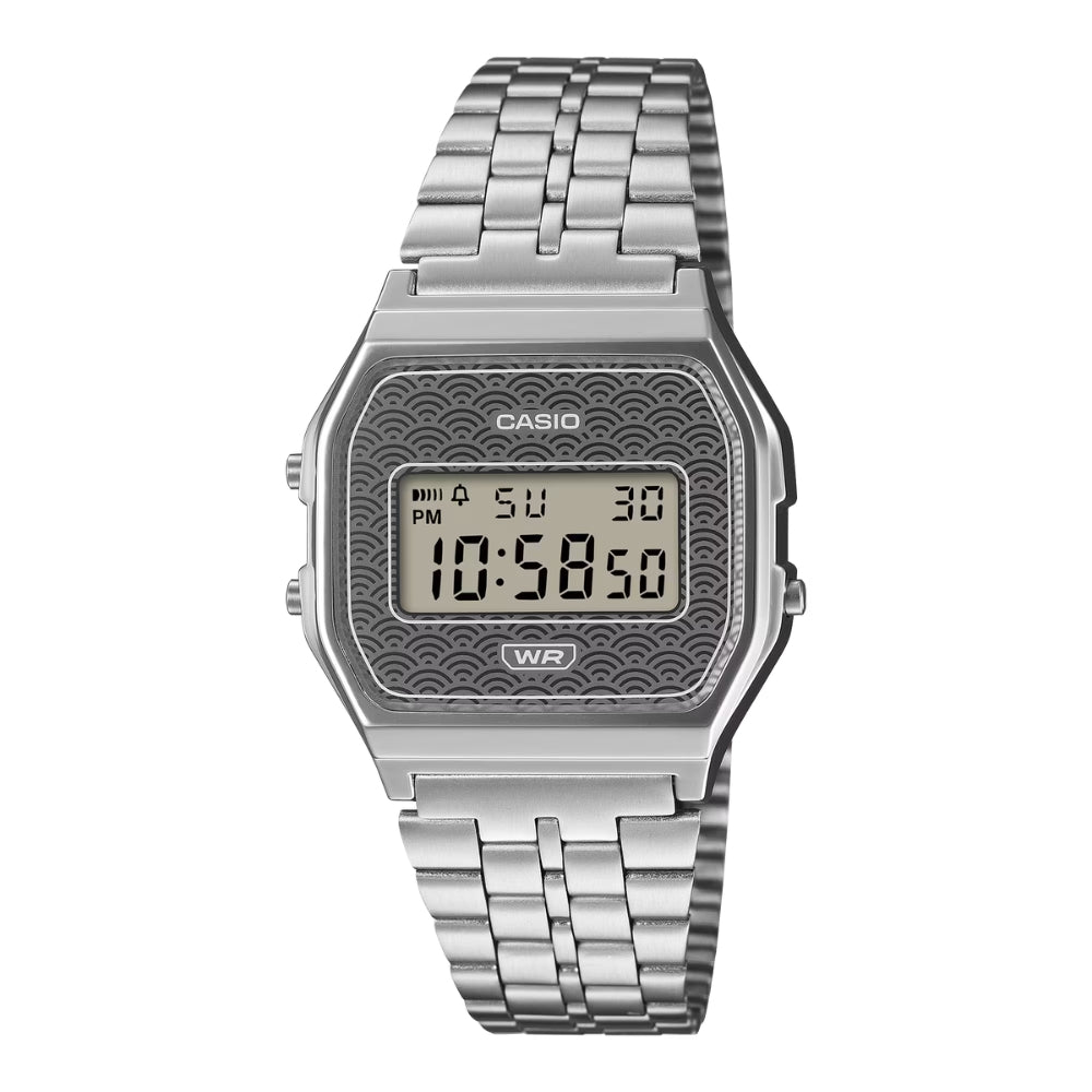 Casio (Japan Made) Digital Vintage Style Seigaiha Pattern Stainless Steel Band Watch A159WEVJ-7D A159WEVJ-7
