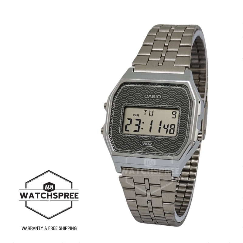 Casio (Japan Made) Digital Vintage Style Seigaiha Pattern Stainless Steel Band Watch A159WEVJ-7D A159WEVJ-7