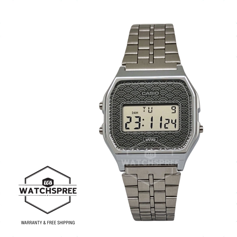 Casio (Japan Made) Digital Vintage Style Seigaiha Pattern Stainless Steel Band Watch A159WEVJ-7D A159WEVJ-7