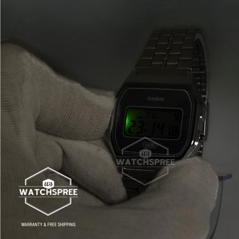 Casio (Japan Made) Digital Vintage Style Seigaiha Pattern Stainless Steel Band Watch A159WEVJ-7D A159WEVJ-7