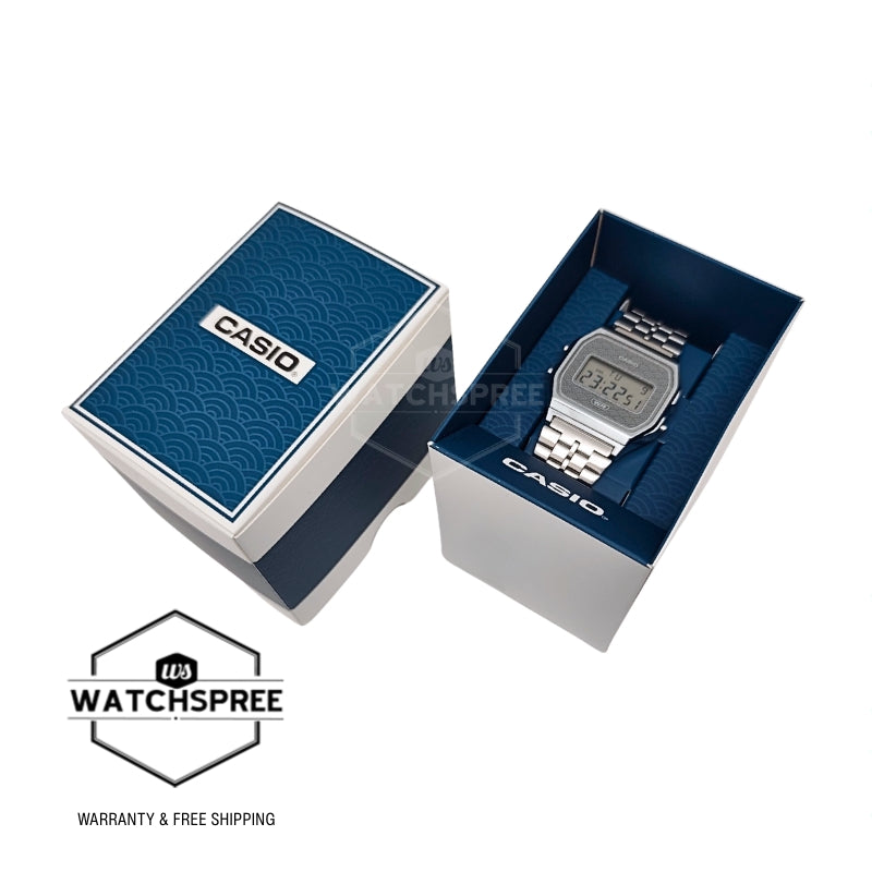Casio (Japan Made) Digital Vintage Style Seigaiha Pattern Stainless Steel Band Watch A159WEVJ-7D A159WEVJ-7