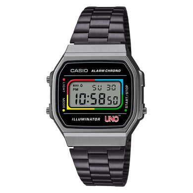 Casio Digital Vintage UNO‹¨«Çú?¶ô¶© Collaboration Model Black Ion Plated Stainless Steel Band Watch A168WEUC-1A