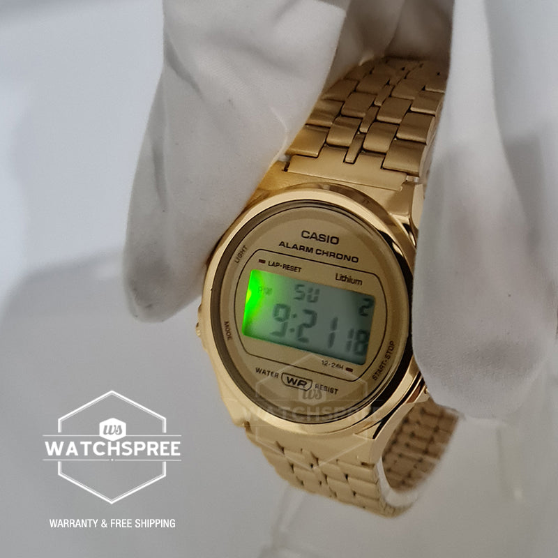 Casio Vintage Style Digital Gold Ion Plated Stainless Steel Band Watch A171WEG-9A