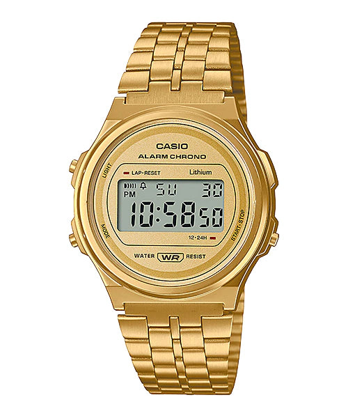 Casio Vintage Style Digital Gold Ion Plated Stainless Steel Band Watch A171WEG-9A