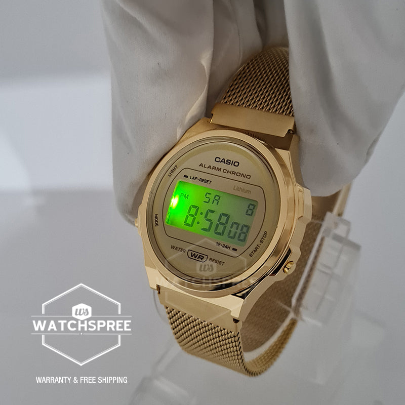 Casio Vintage Style Digital Gold Ion Plated Stainless Steel Mesh Band Watch A171WEMG-9A