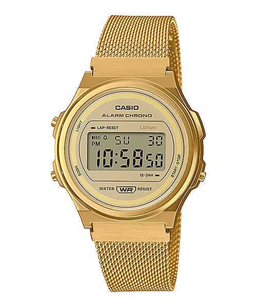 Casio Vintage Style Digital Gold Ion Plated Stainless Steel Mesh Band Watch A171WEMG-9A