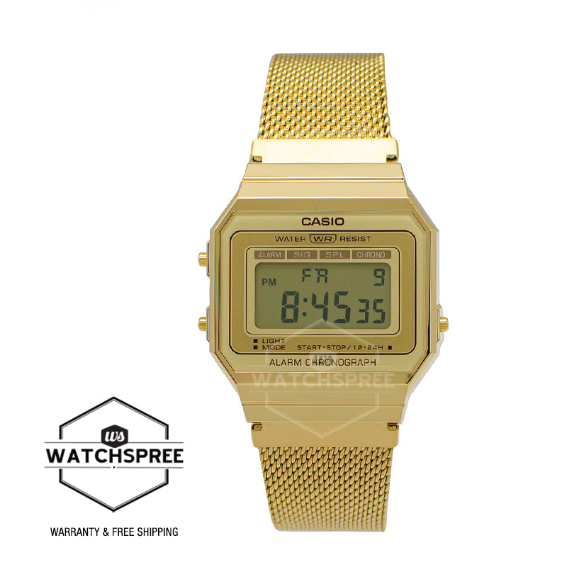 Casio Vintage Standard Digital Gold Ion Plated Stainless Steel Mesh Band Watch A700WMG-9A