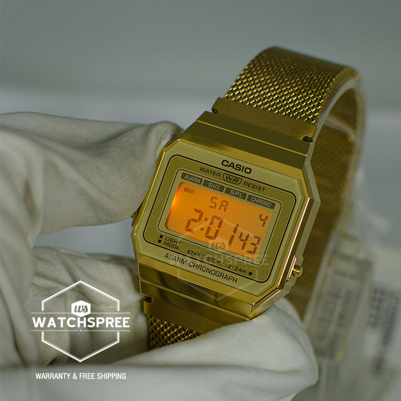 Casio Vintage Standard Digital Gold Ion Plated Stainless Steel Mesh Band Watch A700WMG-9A
