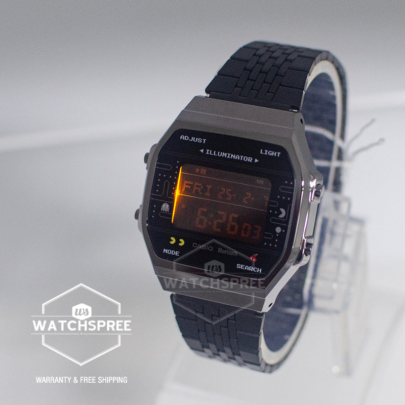 Casio Digital Vintage Style PAC-MAN Collaboration Model Bluetooth Dual Time Step Tracker Black Ion Plated S.Steel Band Watch ABL100WEPC-1B ABL-100WEPC-1B