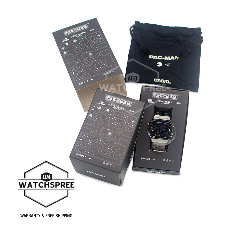 Casio Digital Vintage Style PAC-MAN Collaboration Model Bluetooth Dual Time Step Tracker Black Ion Plated S.Steel Band Watch ABL100WEPC-1B ABL-100WEPC-1B