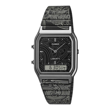 Casio Analog-Digital Vintage Style Square Dial Liberty Collaboration Model Dual Time Black Ion Plated Stainless Steel Band Watch AQ230EBLT-1A AQ-230EBLT-1A