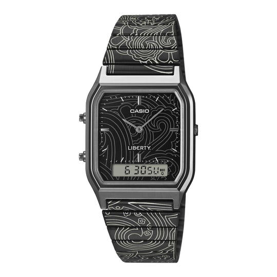 Casio Analog-Digital Vintage Style Square Dial Liberty Collaboration Model Dual Time Black Ion Plated Stainless Steel Band Watch AQ230EBLT-1A AQ-230EBLT-1A