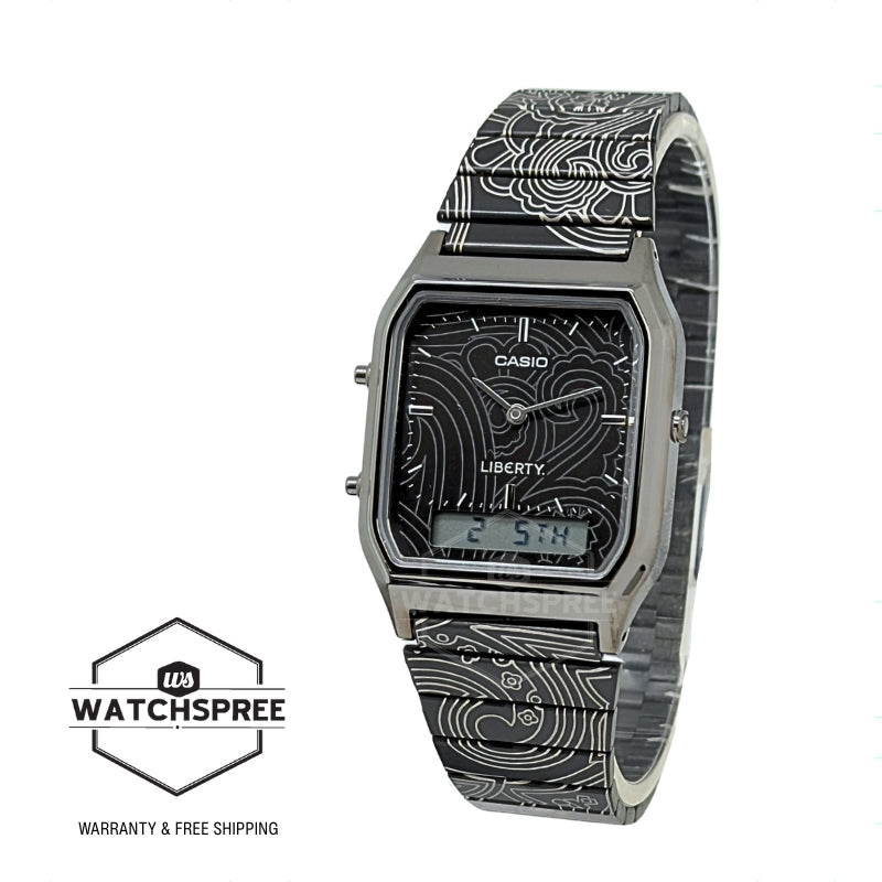 Casio Analog-Digital Vintage Style Square Dial Liberty Collaboration Model Dual Time Black Ion Plated Stainless Steel Band Watch AQ230EBLT-1A AQ-230EBLT-1A
