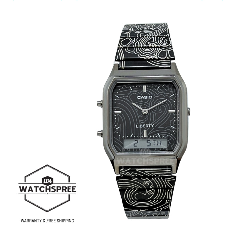 Casio Analog-Digital Vintage Style Square Dial Liberty Collaboration Model Dual Time Black Ion Plated Stainless Steel Band Watch AQ230EBLT-1A AQ-230EBLT-1A