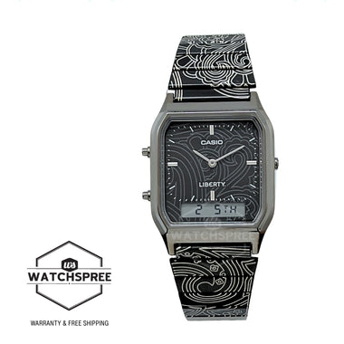 Casio Analog-Digital Vintage Style Square Dial Liberty Collaboration Model Dual Time Black Ion Plated Stainless Steel Band Watch AQ230EBLT-1A AQ-230EBLT-1A