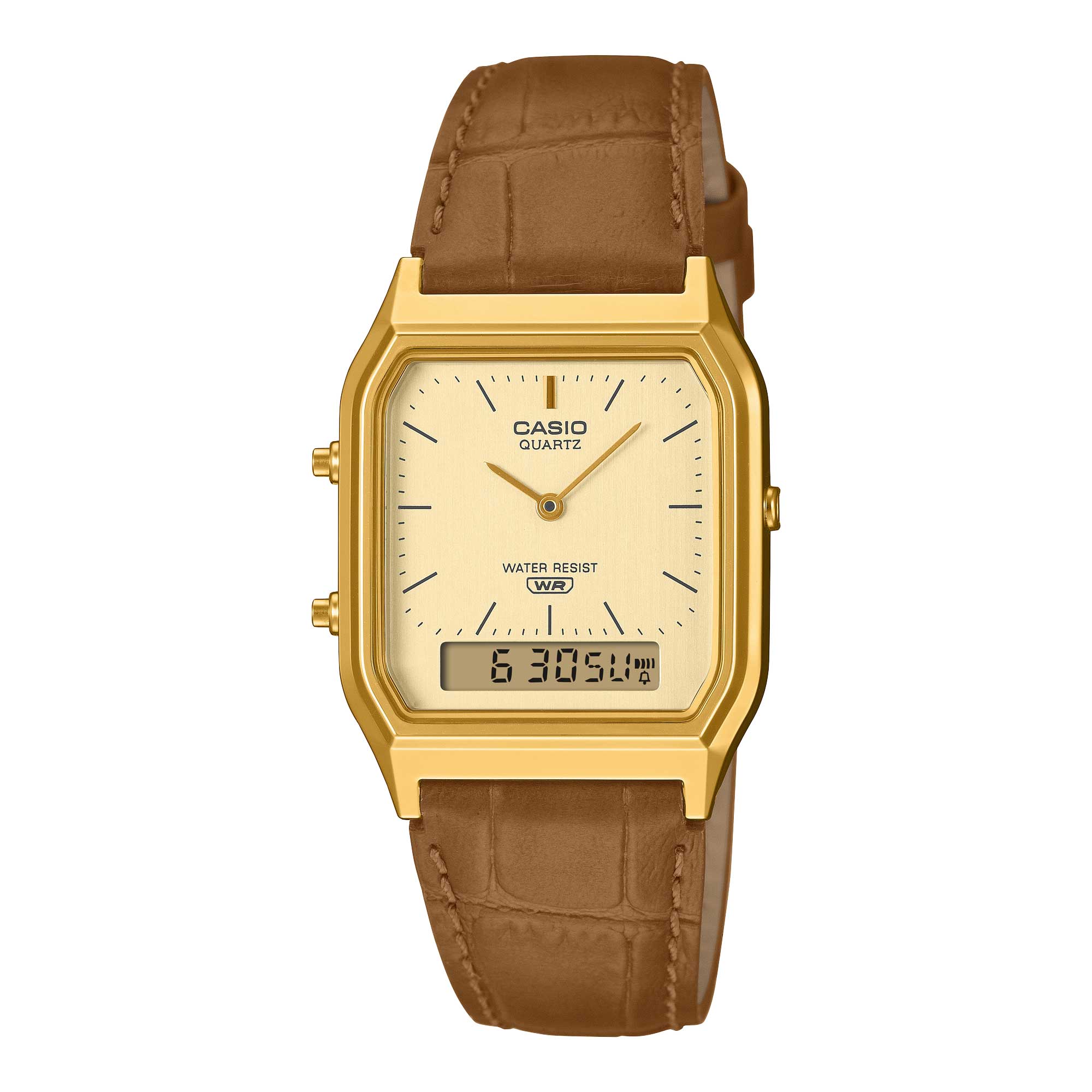 Casio Analog-Digital Vintage Style Square Dial Dual Time Brown Leather Strap Watch AQ230EGL-9A AQ-230EGL-9A
