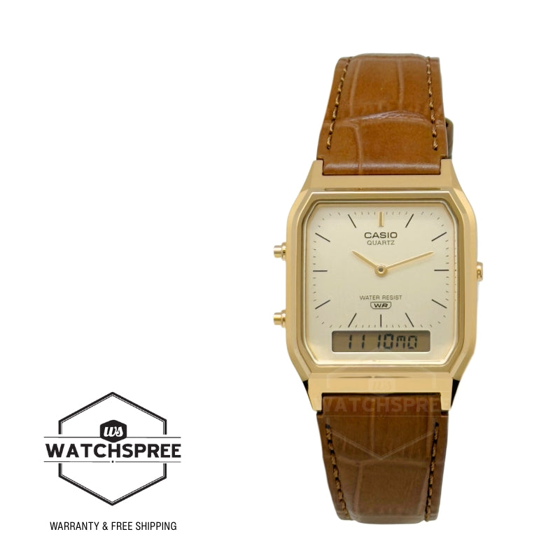 Casio Analog-Digital Vintage Style Square Dial Dual Time Brown Leather Strap Watch AQ230EGL-9A AQ-230EGL-9A