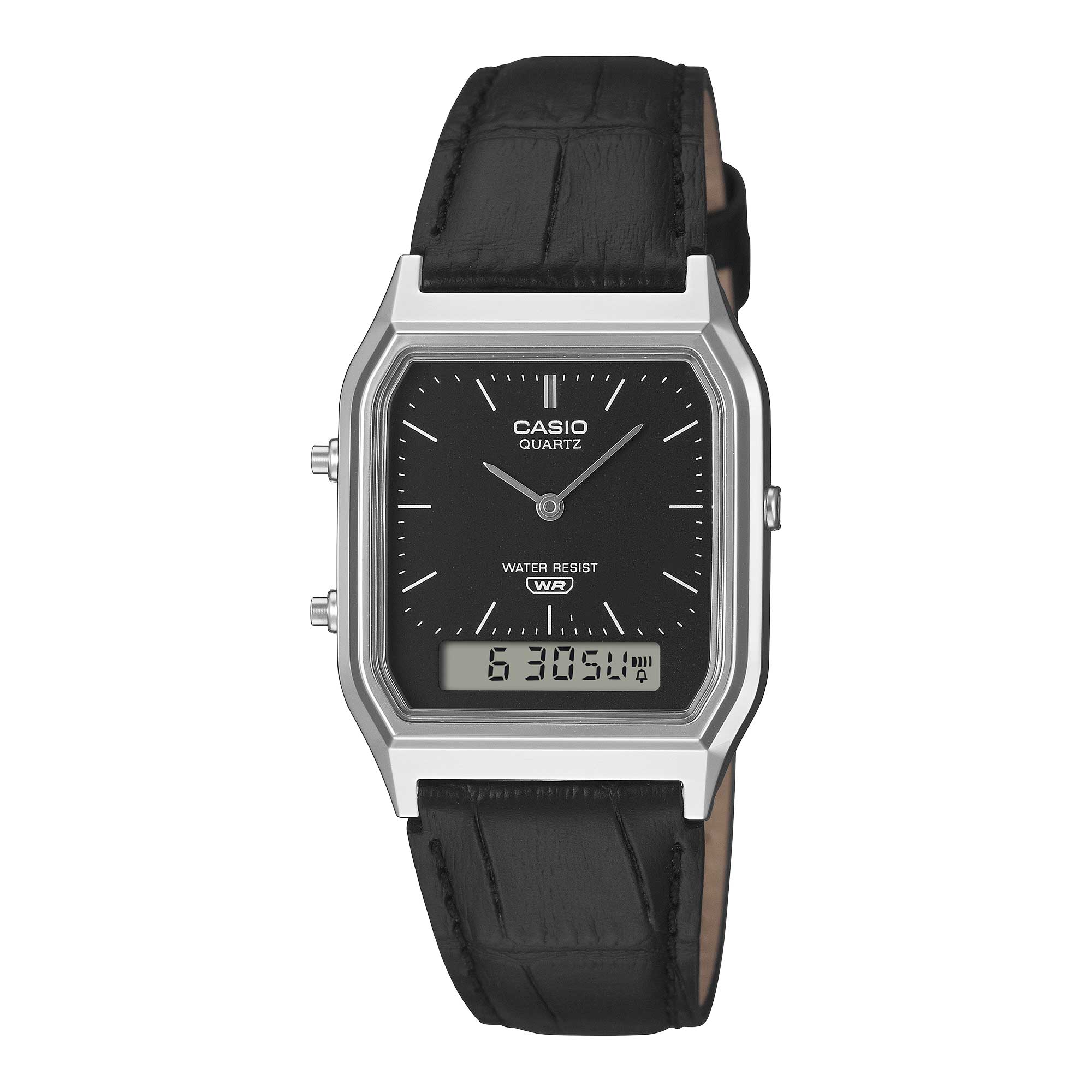 Casio Analog-Digital Vintage Style Square Dial Dual Time Black Leather Strap Watch AQ230EL-1A AQ-230EL-1A