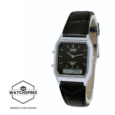 Casio Analog-Digital Vintage Style Square Dial Dual Time Black Leather Strap Watch AQ230EL-1A AQ-230EL-1A