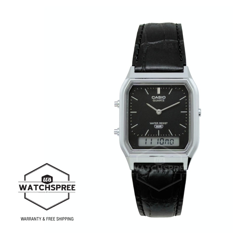 Casio Analog-Digital Vintage Style Square Dial Dual Time Black Leather Strap Watch AQ230EL-1A AQ-230EL-1A