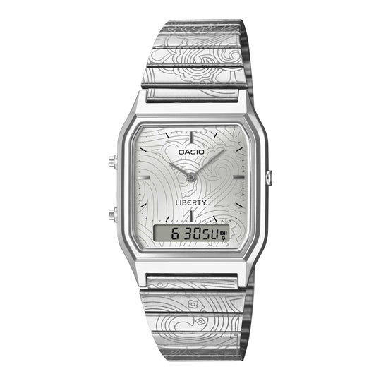 Casio Analog-Digital Vintage Style Square Dial Liberty Collaboration Model Dual Time Stainless Steel Band Watch AQ230ELT-7A AQ-230ELT-7A