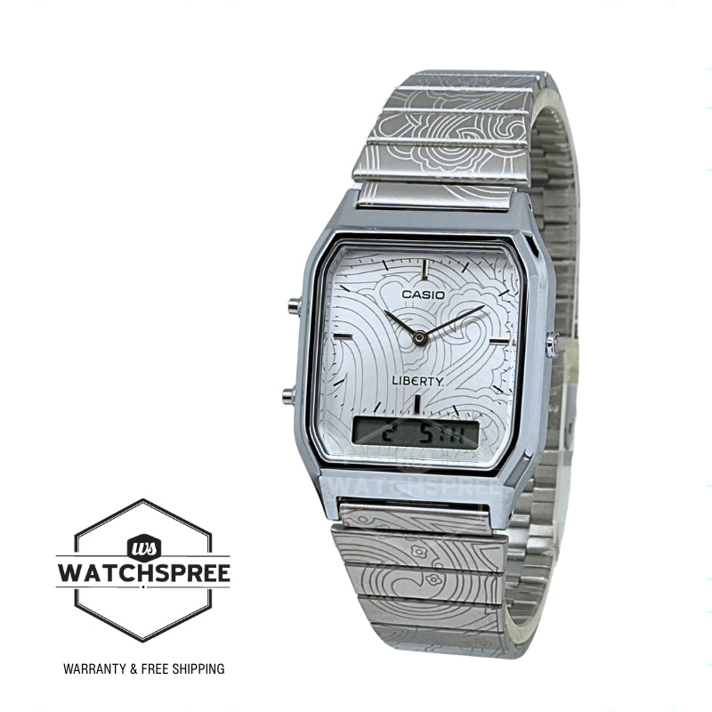 Casio Analog-Digital Vintage Style Square Dial Liberty Collaboration Model Dual Time Stainless Steel Band Watch AQ230ELT-7A AQ-230ELT-7A