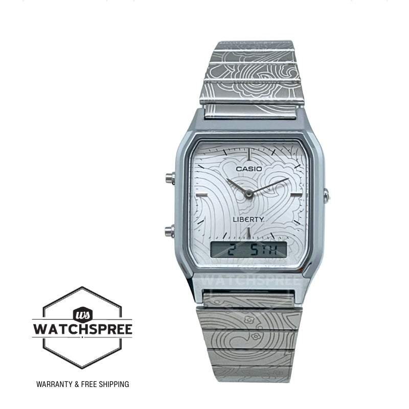 Casio Analog-Digital Vintage Style Square Dial Liberty Collaboration Model Dual Time Stainless Steel Band Watch AQ230ELT-7A AQ-230ELT-7A