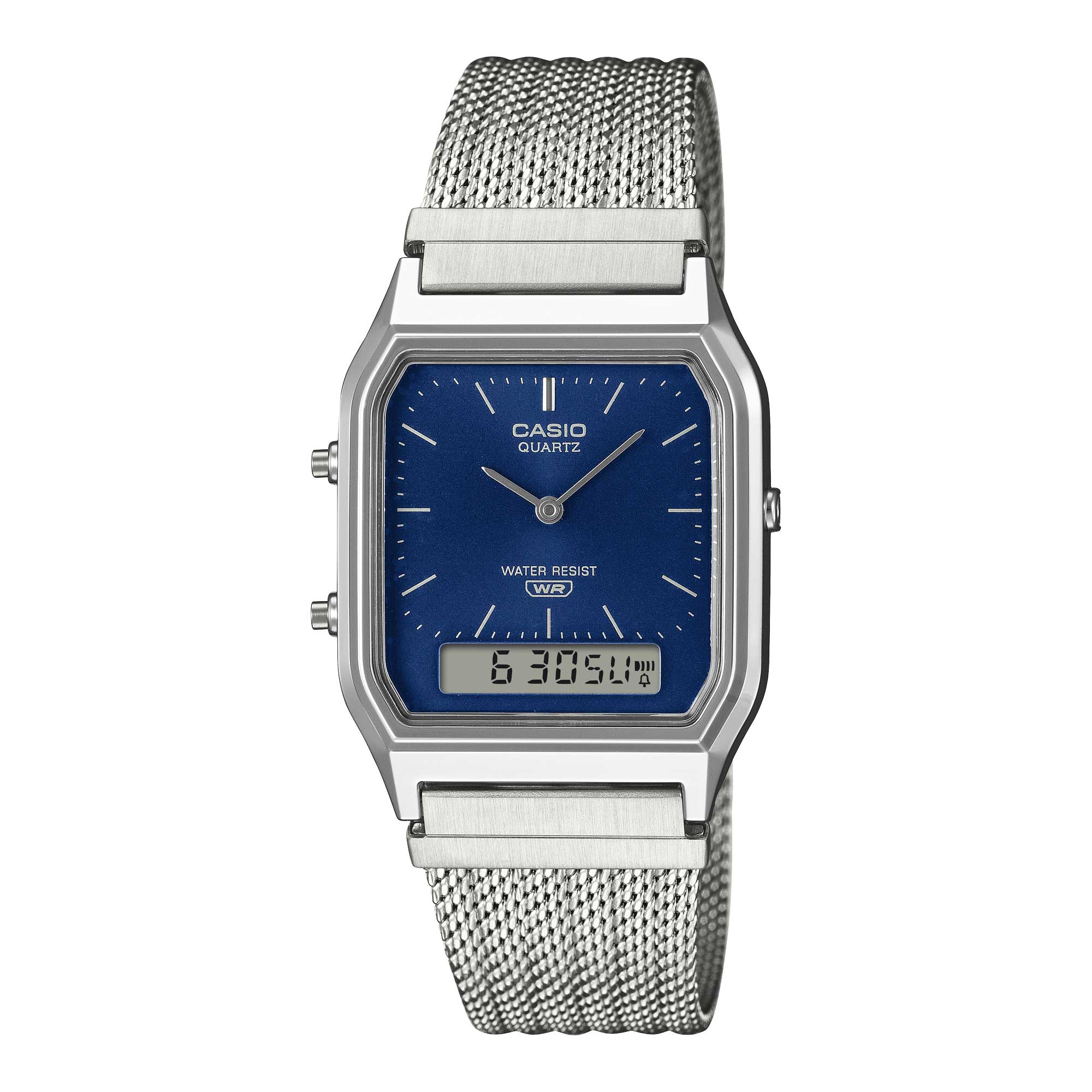 Casio Analog-Digital Vintage Style Square Dial Dual Time Stainless Steel Mesh Band Watch AQ230EM-2A AQ-230EM-2A