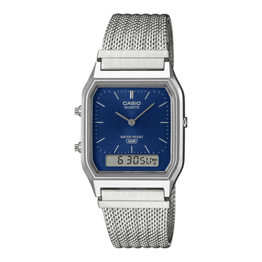 Casio Analog-Digital Vintage Style Square Dial Dual Time Stainless Steel Mesh Band Watch AQ230EM-2A AQ-230EM-2A