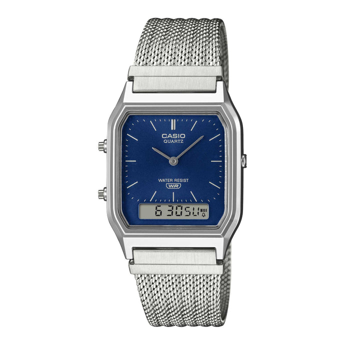 Casio Analog-Digital Vintage Style Square Dial Dual Time Stainless Steel Mesh Band Watch AQ230EM-2A AQ-230EM-2A