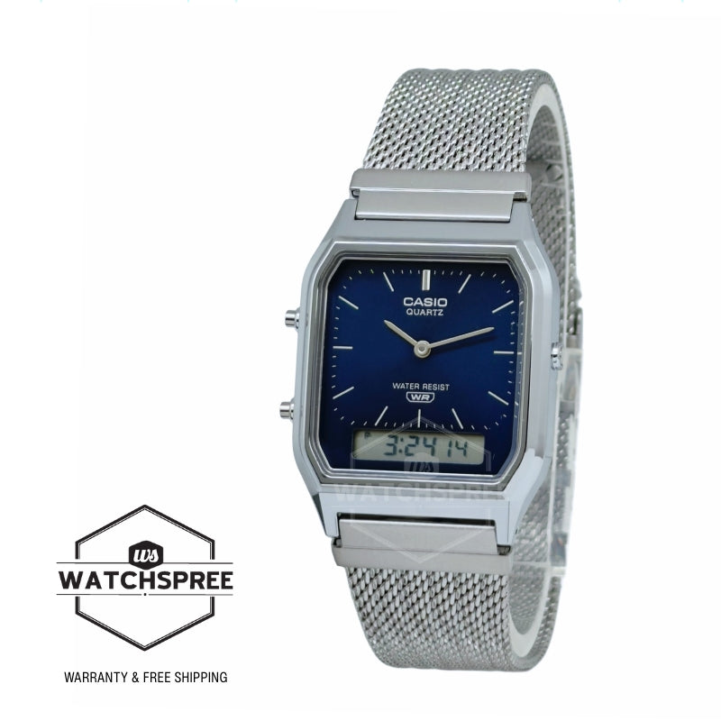 Casio Analog-Digital Vintage Style Square Dial Dual Time Stainless Steel Mesh Band Watch AQ230EM-2A AQ-230EM-2A