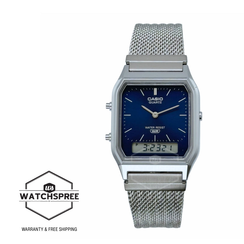 Casio Analog-Digital Vintage Style Square Dial Dual Time Stainless Steel Mesh Band Watch AQ230EM-2A AQ-230EM-2A
