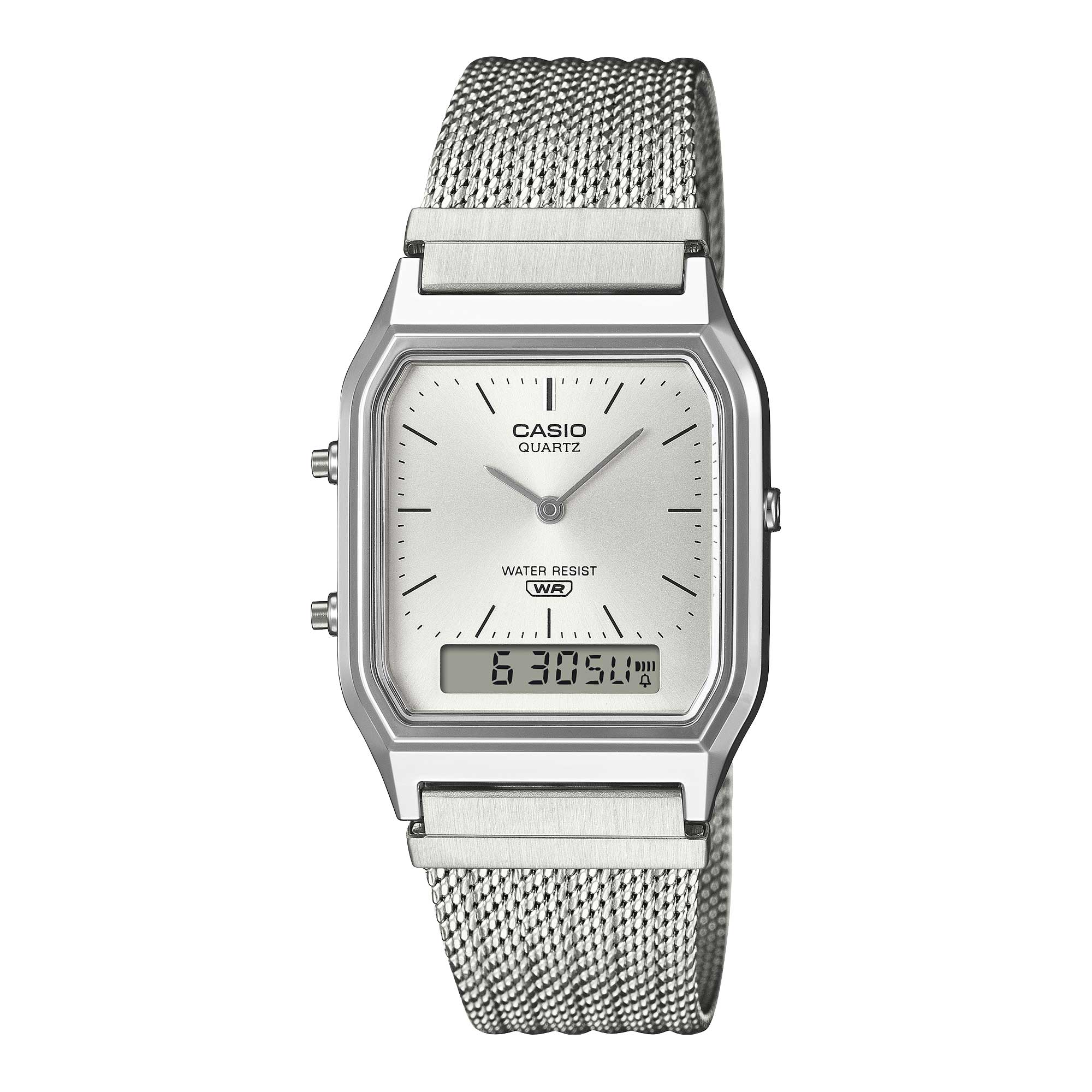 Casio Analog-Digital Vintage Style Square Dial Dual Time Stainless Steel Mesh Band Watch AQ230EM-7A AQ-230EM-7A