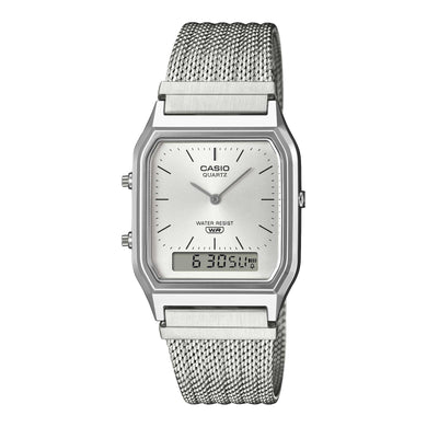 Casio Analog-Digital Vintage Style Square Dial Dual Time Stainless Steel Mesh Band Watch AQ230EM-7A AQ-230EM-7A