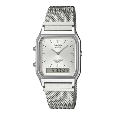 Casio Analog-Digital Vintage Style Square Dial Dual Time Stainless Steel Mesh Band Watch AQ230EM-7A AQ-230EM-7A