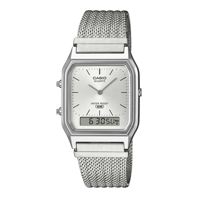 Casio Analog-Digital Vintage Style Square Dial Dual Time Stainless Steel Mesh Band Watch AQ230EM-7A AQ-230EM-7A