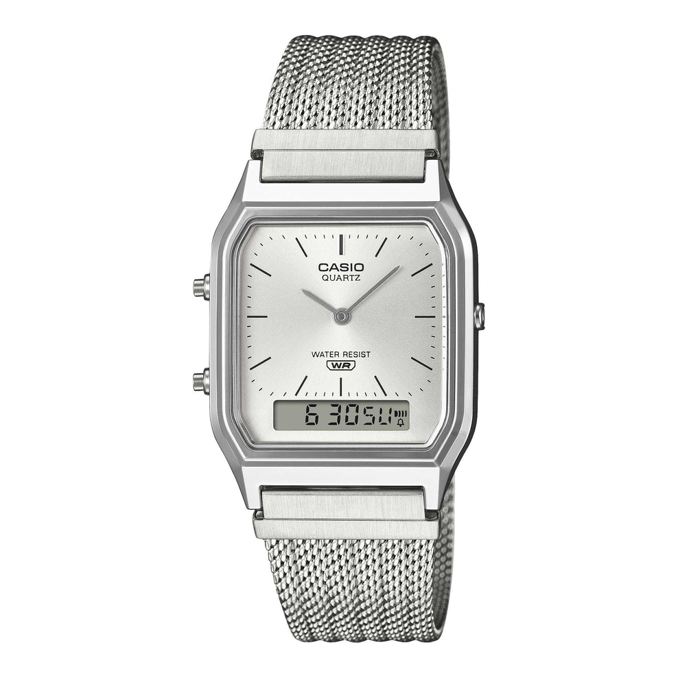 Casio Analog-Digital Vintage Style Square Dial Dual Time Stainless Steel Mesh Band Watch AQ230EM-7A AQ-230EM-7A