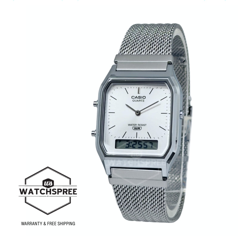 Casio Analog-Digital Vintage Style Square Dial Dual Time Stainless Steel Mesh Band Watch AQ230EM-7A AQ-230EM-7A