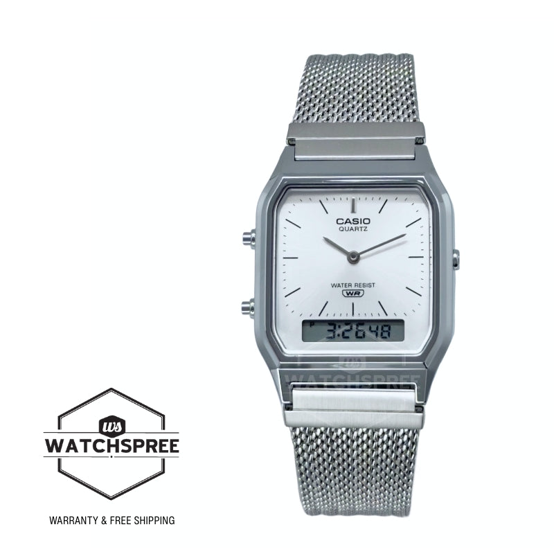 Casio Analog-Digital Vintage Style Square Dial Dual Time Stainless Steel Mesh Band Watch AQ230EM-7A AQ-230EM-7A