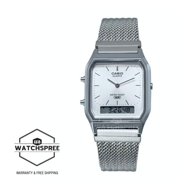 Casio Analog-Digital Vintage Style Square Dial Dual Time Stainless Steel Mesh Band Watch AQ230EM-7A AQ-230EM-7A