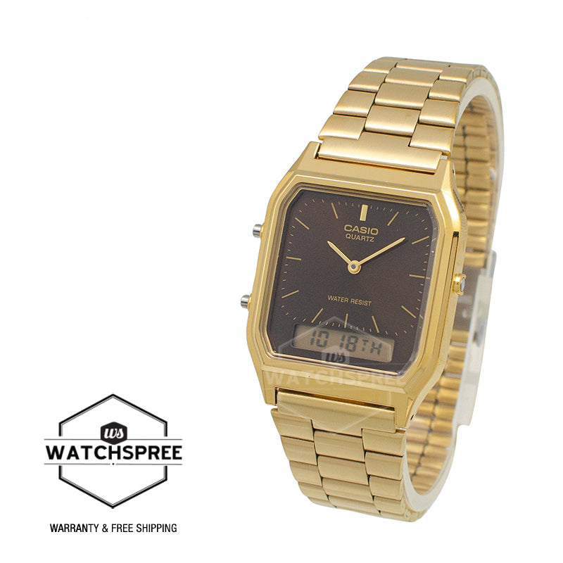 Casio Analog-Digital Vintage Style Dual Time Gold Ion Plated Stainless Steel Band Watch AQ230GA-5A AQ-230GA-5A