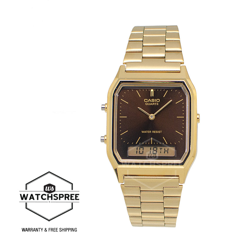Casio Analog-Digital Vintage Style Dual Time Gold Ion Plated Stainless Steel Band Watch AQ230GA-5A AQ-230GA-5A
