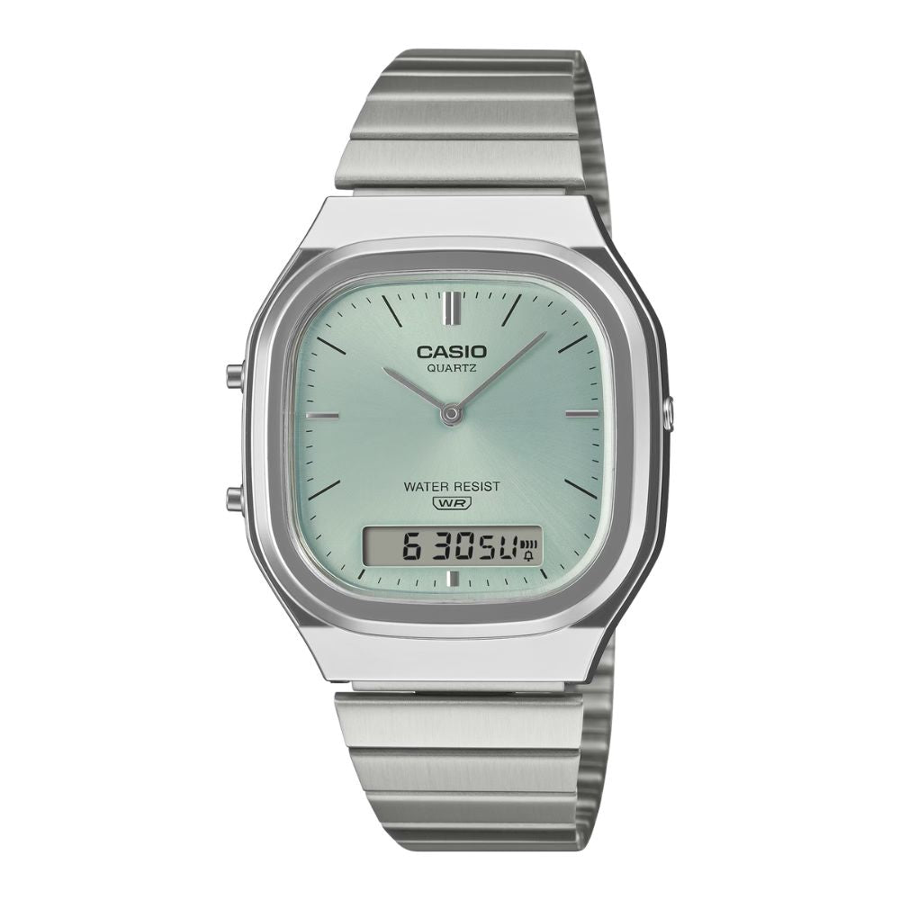 Casio Analog-Digital Vintage Style Square Dial Dual Time Stainless Steel Band Watch AQ240E-2A AQ-240E-2A