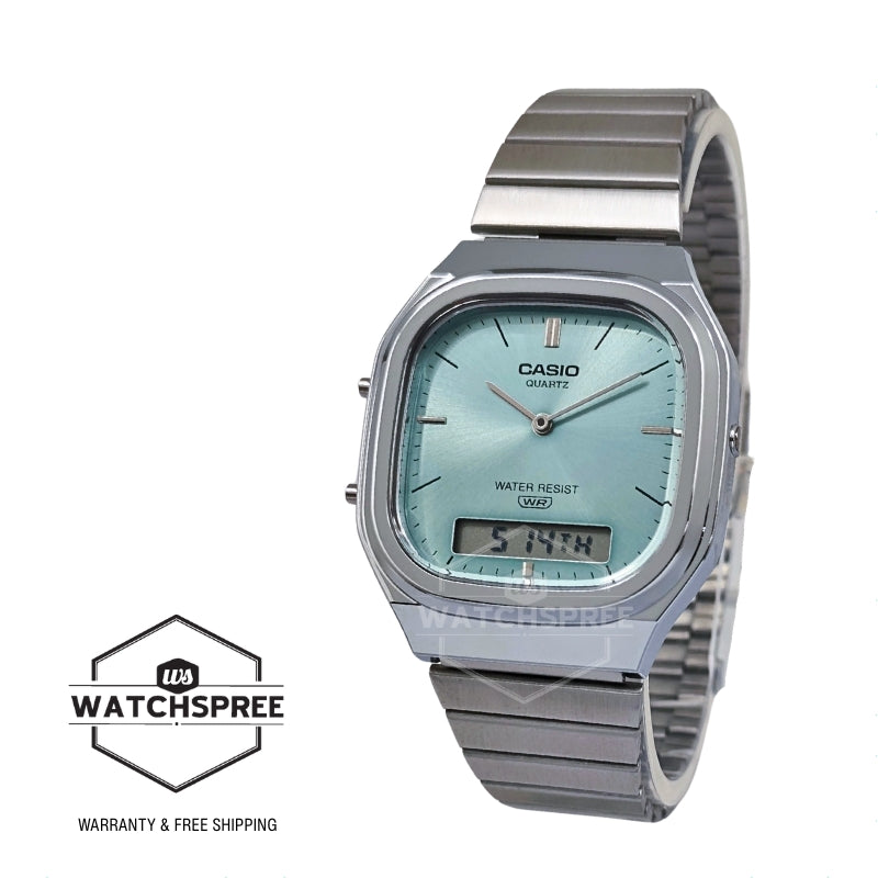 Casio Analog-Digital Vintage Style Square Dial Dual Time Stainless Steel Band Watch AQ240E-2A AQ-240E-2A