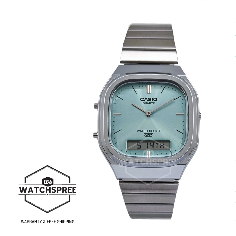 Casio Analog-Digital Vintage Style Square Dial Dual Time Stainless Steel Band Watch AQ240E-2A AQ-240E-2A