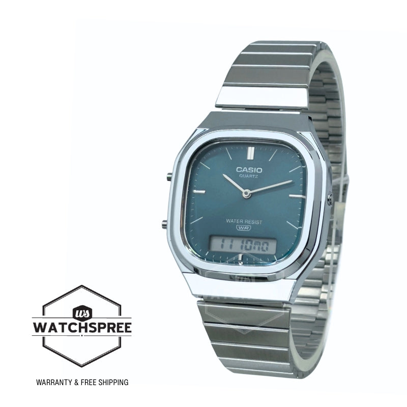 Casio Analog-Digital Vintage Style Square Dial Dual Time Stainless Steel Band Watch AQ240E-3A AQ-240E-3A