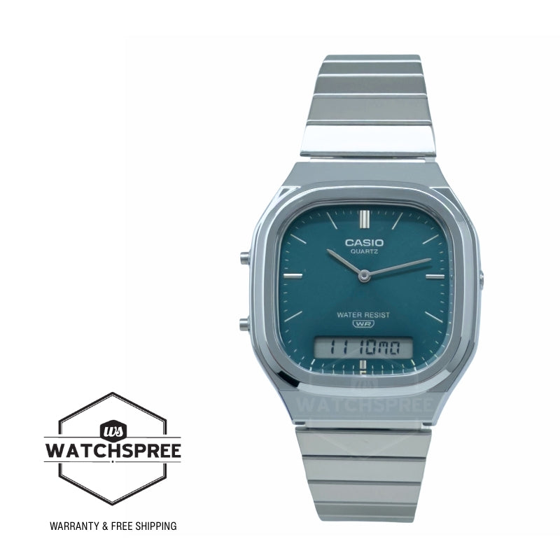 Casio Analog-Digital Vintage Style Square Dial Dual Time Stainless Steel Band Watch AQ240E-3A AQ-240E-3A